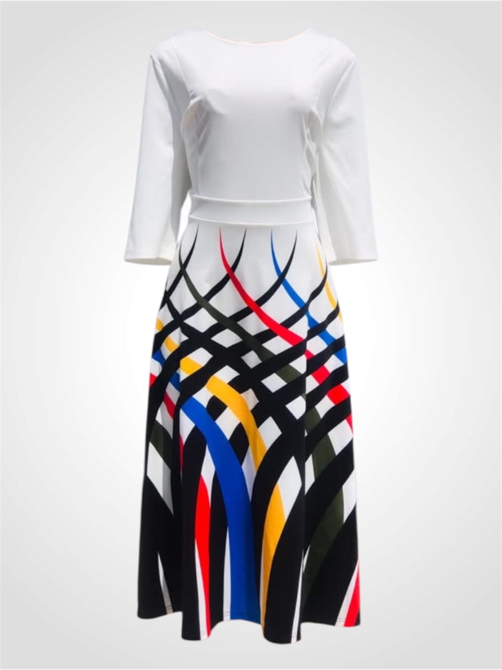 MISSLOOK White Midi Dress with Black, Red, Blue & Yellow Graphic Skirt - Large